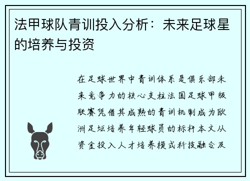 法甲球队青训投入分析：未来足球星的培养与投资